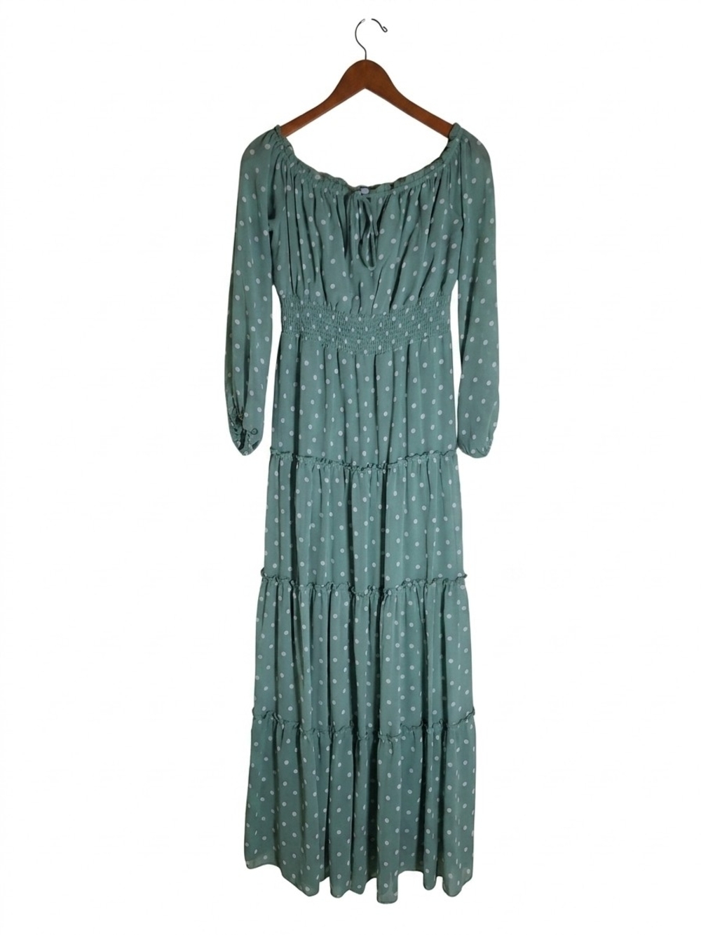 Fashion Nova Love Infusion Polka Dot Maxi Dress Sage Green Off Shoulder Tiered L